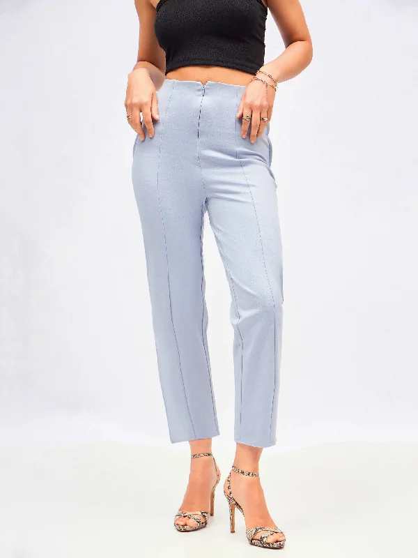 Women’s zippered cargo pants for utility wear -Women Dull Blue Front Darted High Waisted Pants