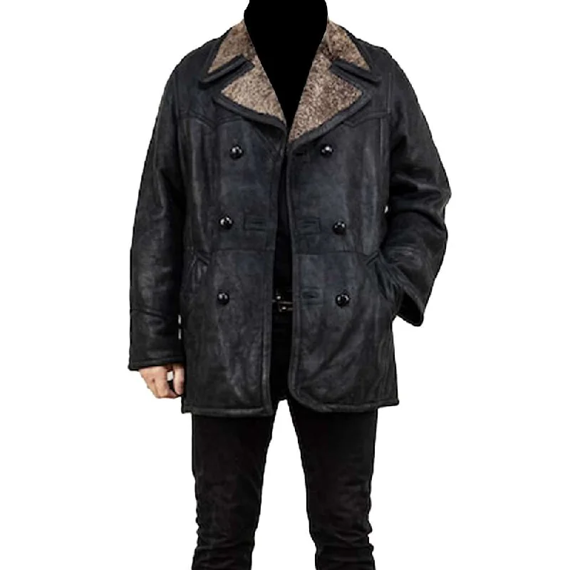 Women’s wool coats for stylish warmth -Black Shearling Blazer Vintage Leather Coat Men's