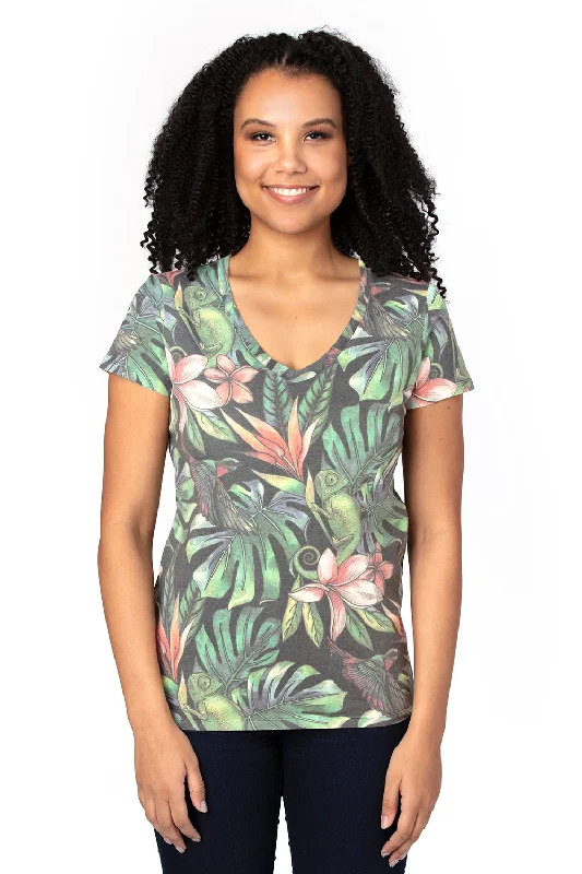 Women’s turtleneck tops for warm layers -Threadfast Apparel Womens Ultimate Short Sleeve V-Neck T-Shirt - Tropical Jungle