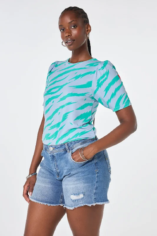 Women’s sweater tops for cozy warmth -Light Blue with Green Graphic Tiger T-Shirt