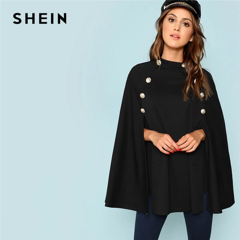 Women’s bomber jackets for casual chic -SHEIN Black Highstreet Office Lady Double Button Mock Poncho Solid Elegant Coat 2018 New Autumn Women Workwear Outerwear Clothes