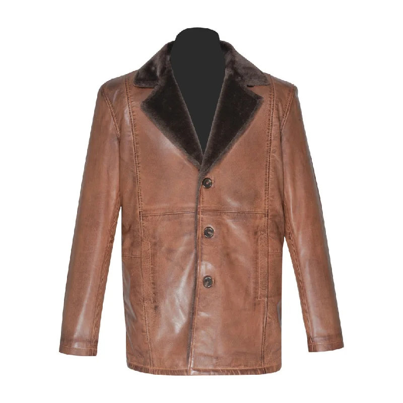 Women’s tailored blazers for office wear -Rust leather car coat with faux fur