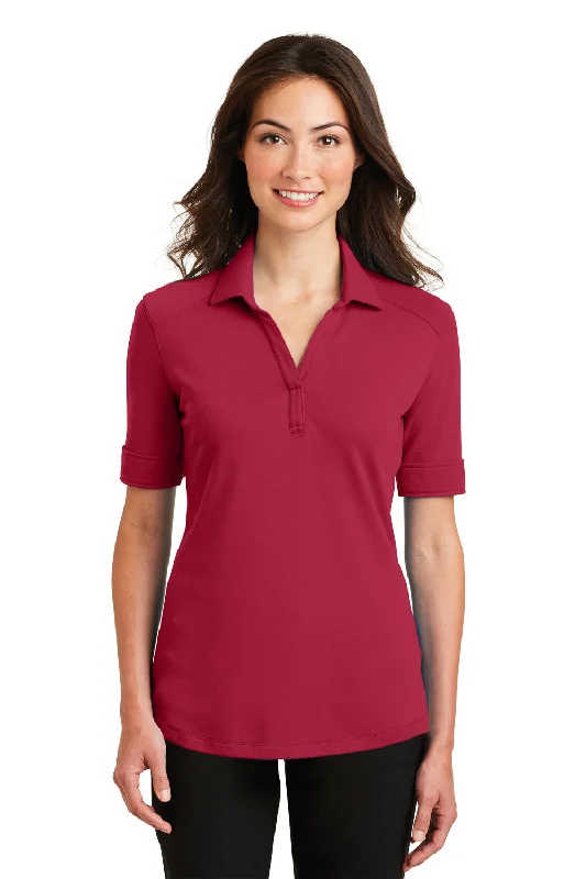 Women’s satin tops for evening wear -Port Authority Womens Silk Touch Performance Moisture Wicking Short Sleeve Polo Shirt - Rich Red - Closeout