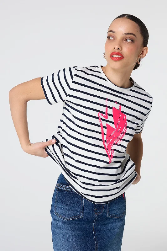 Women’s tank tops for warm weather -Ivory with Navy Stripe and Neon Pink Glitch Bolt T-Shirt