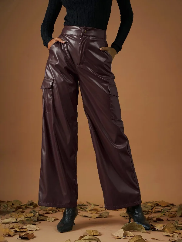 Women’s button-front pants for casual days -Women Maroon PU Flap Pocket Straight Pants