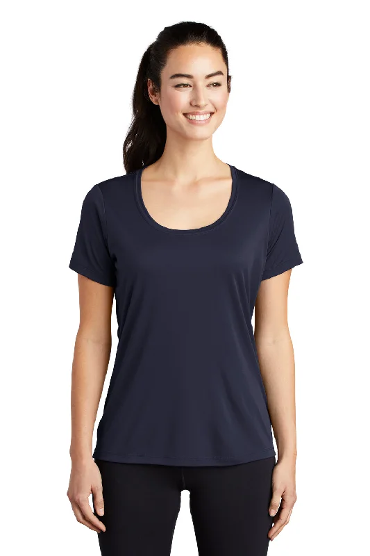 Women’s satin blouse tops for elegant appeal -Sport-Tek Womens Moisture Wicking Short Sleeve Scoop Neck T-Shirt - True Navy Blue