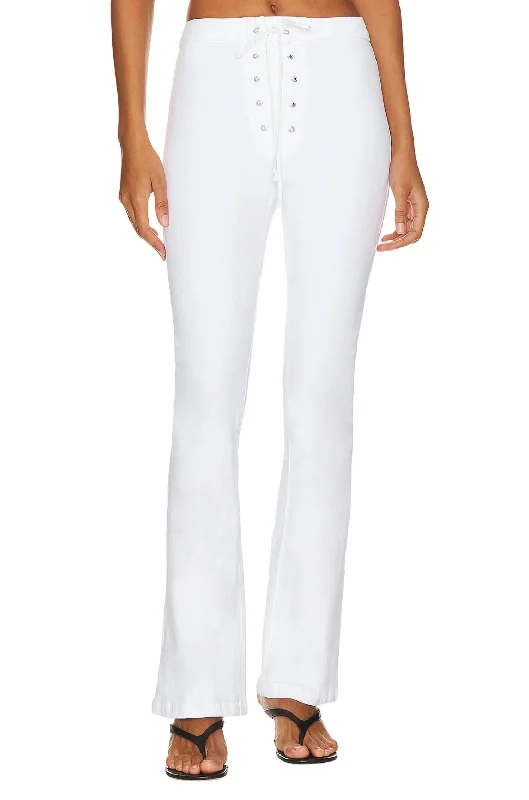 Women’s high-rise denim for flattering silhouette -The Lace Up High Waisted Weekender- Totally Innocent In White