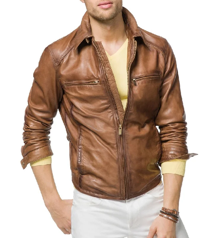 Women’s pleated coats for vintage-inspired style -Men Biker Leather Jackets: Tan Brown