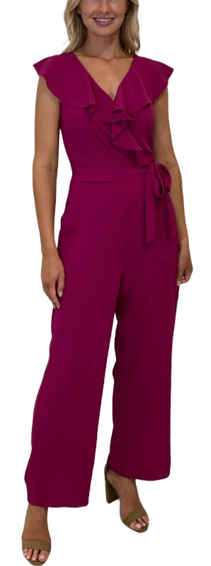 Women’s checkered pants for bold look -Ruffle Wrap Jumpsuit With Sash In Fuschia