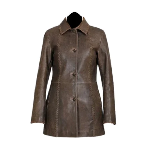 Women’s utility jackets for practical fashion -Olivia Vintage Brown Buttoned up leather coat