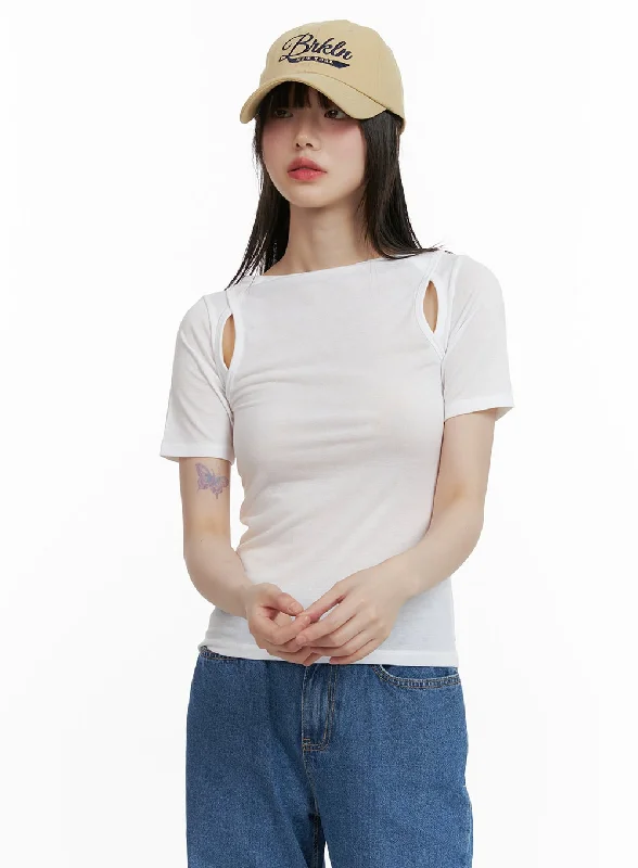 Women’s button-up blouse tops for chic office look -Cut-Out Sleeve Tee CY428