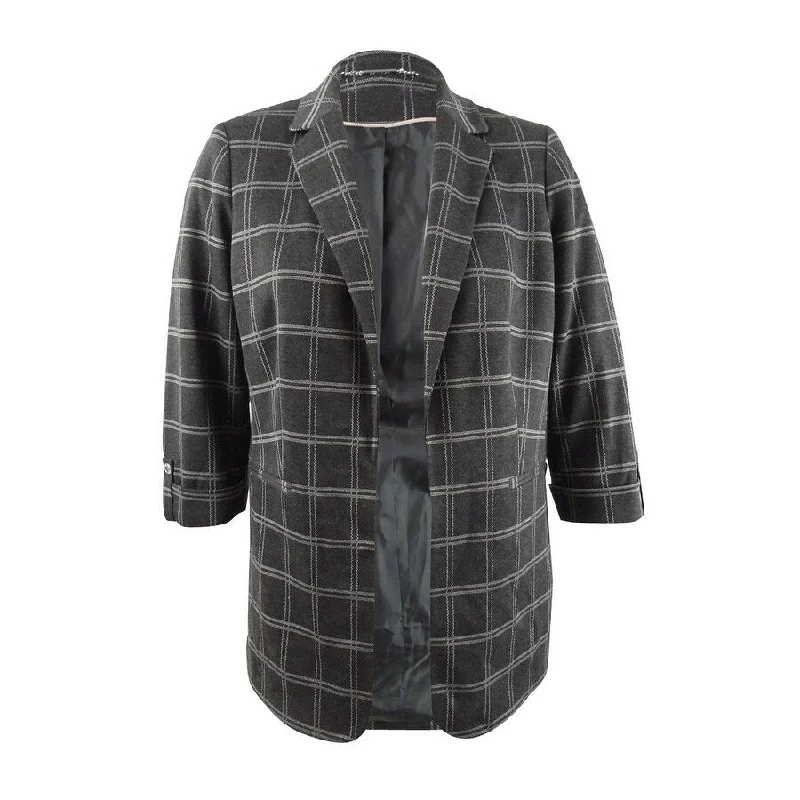 Women’s checkered coats for stylish patterns -Calvin Klein Women's Plaid Roll-Tab Blazer (10, Charcoal Multi)