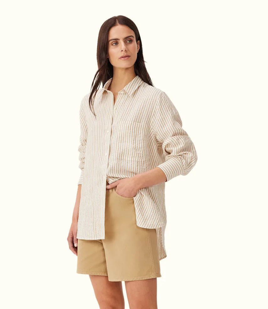 Women’s tie-front tops for fun, flirty style -R.M.Williams - Crispin Linen Shirt - Stripe - Sepia Tint/White