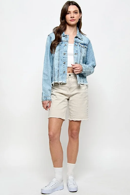 Women’s athletic jackets for sporty style -Distressed Cotton Denim Jacket