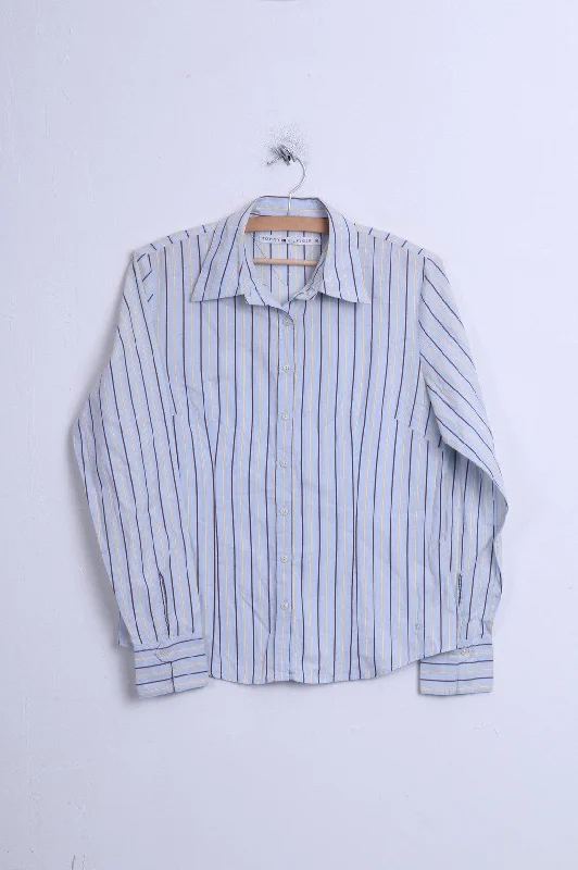 Women’s knit sweater tops for cool weather -Tommy Hilfiger Womens 10 M Casual Shirt Striped Blue 2 Button Collar Bend