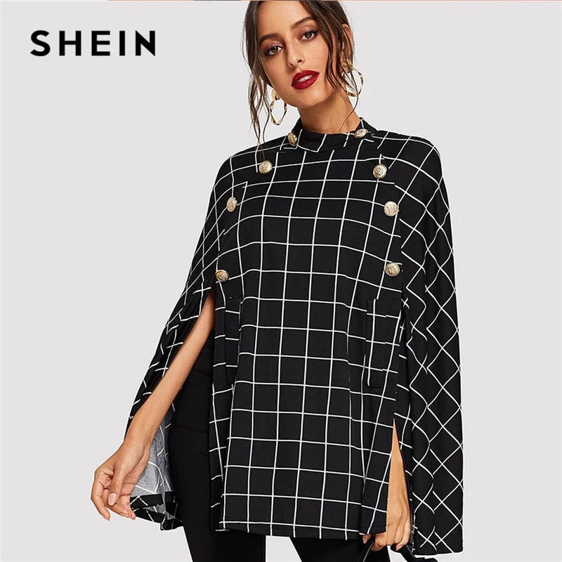 Women’s fleece jackets for outdoor comfort -SHEIN Black Highstreet Office Lady Double Button Mock Poncho Solid Elegant Coat 2018 Autumn Women Workwear Outerwear Clothes