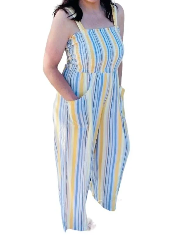 Women’s flare-leg trousers for modern fashion -Smocked Jumpsuit In Yellow And Blue Stripes