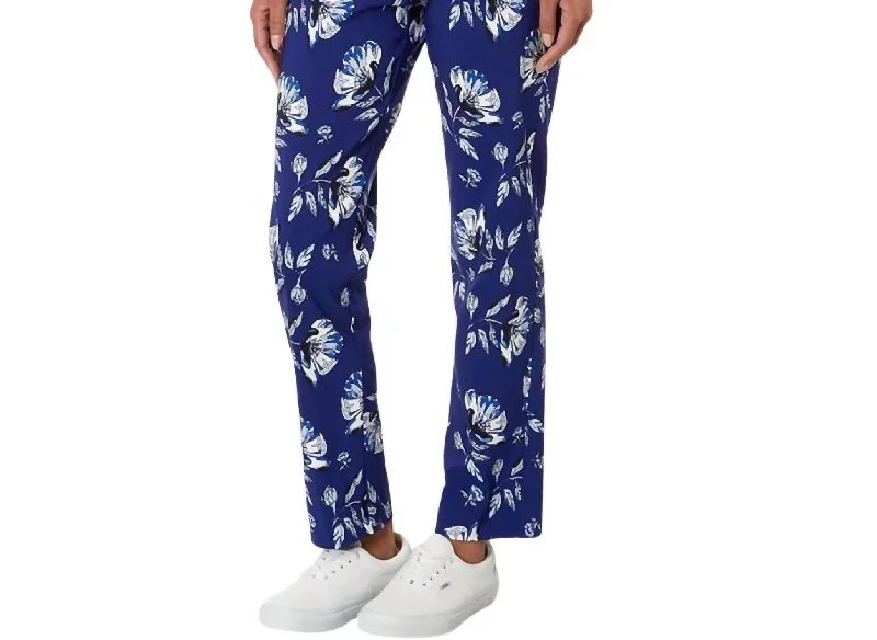 Women’s dressy pants for office wear -Pull On Ankle Pant Print In Blue Flower