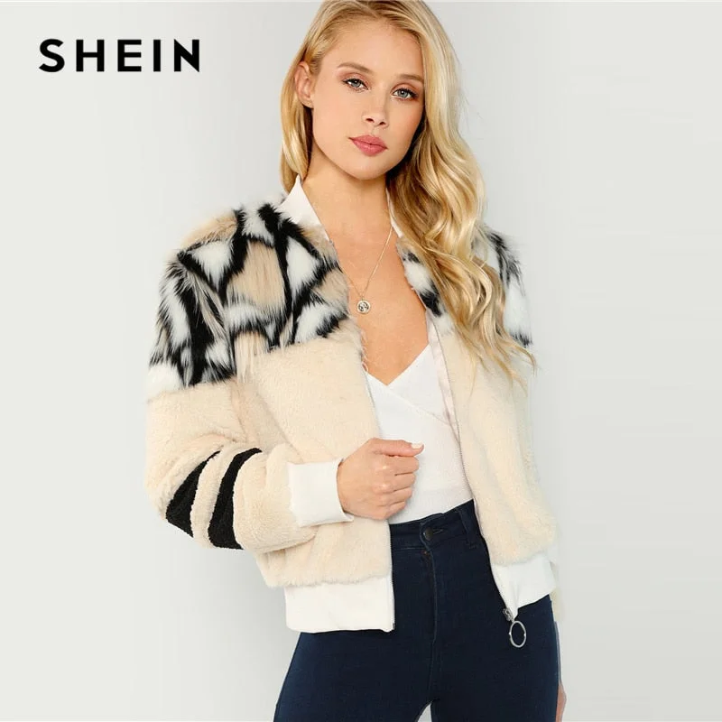 Women’s wool coats for stylish warmth -SHEIN Multicolor O-Ring Zip Up Faux Fur Coat Casual Stand Collar Long Sleeve Highstreet Outerwear Women Winter Short Coats