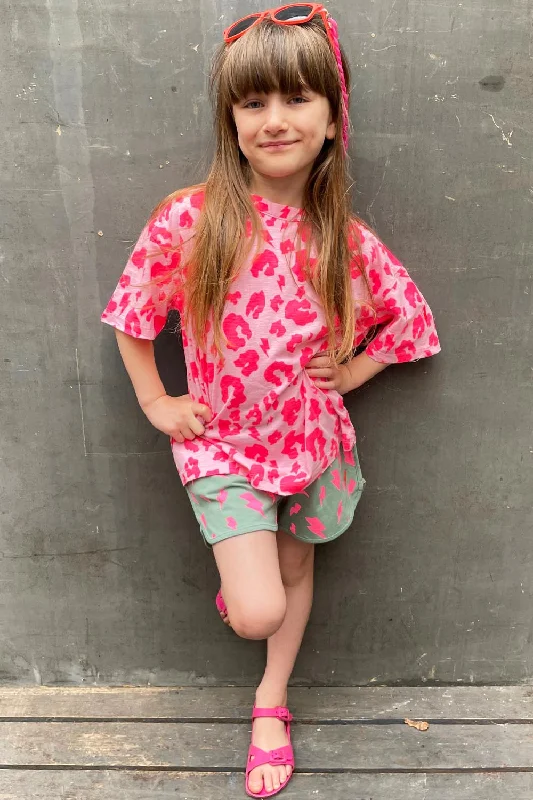 Women’s tie-front tops for fun, flirty style -Kids Pink with Neon Pink Leopard Oversized T-Shirt