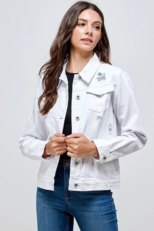 Women’s shawl collar coats for cozy chic -White Denim Jacket with Distressed(JK-4031-W)