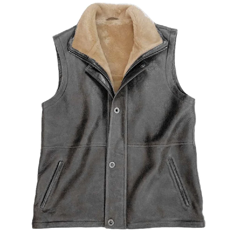 Women’s leather jackets for edgy look -Men Cowboy Shearling Leather Vest Sheepskin Fur Waistcoat