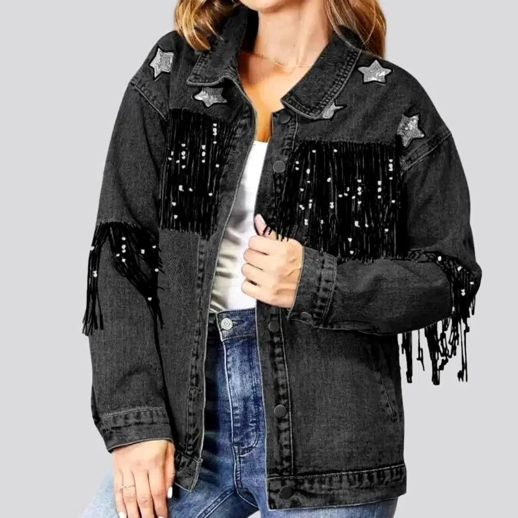 Women’s classic blazers for office fashion -Stars-embroidery women's denim jacket