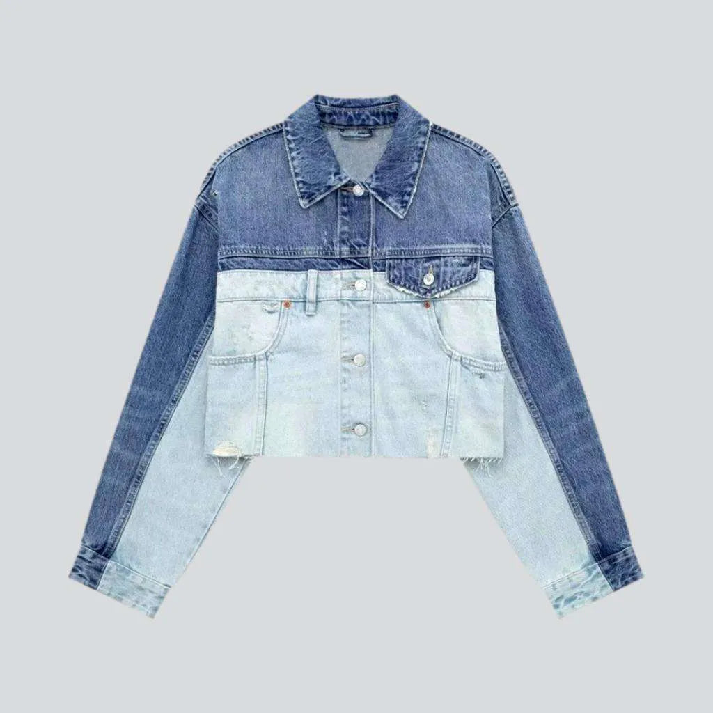 Women’s bomber coats for sporty look -Street color-block denim jacket for ladies