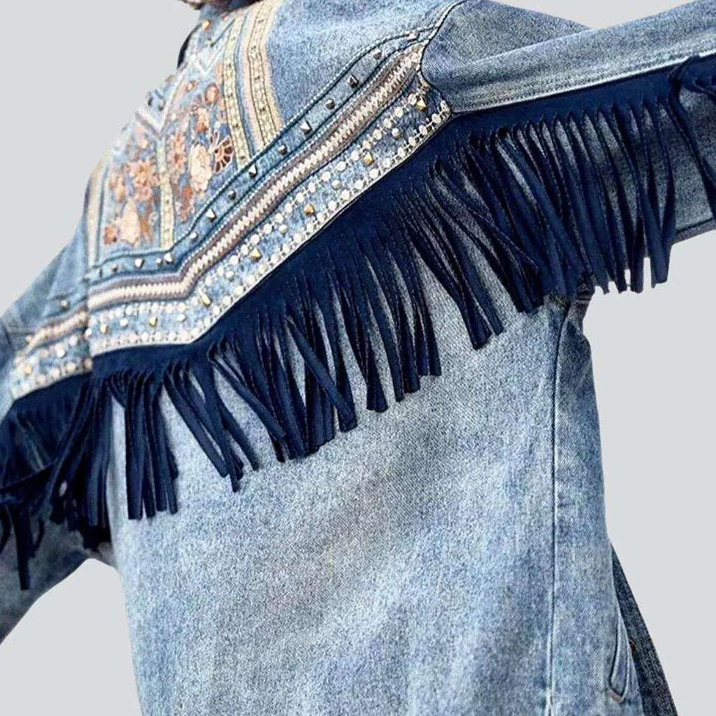 Women’s hoodie jackets for relaxed look -Embroidered fringe denim jacket for ladies