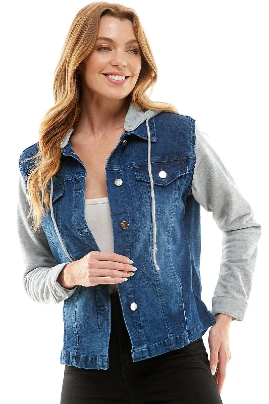 Women’s checkered coats for stylish patterns -Spandex Ladies Denim Jacket with  Fleece Hoodie