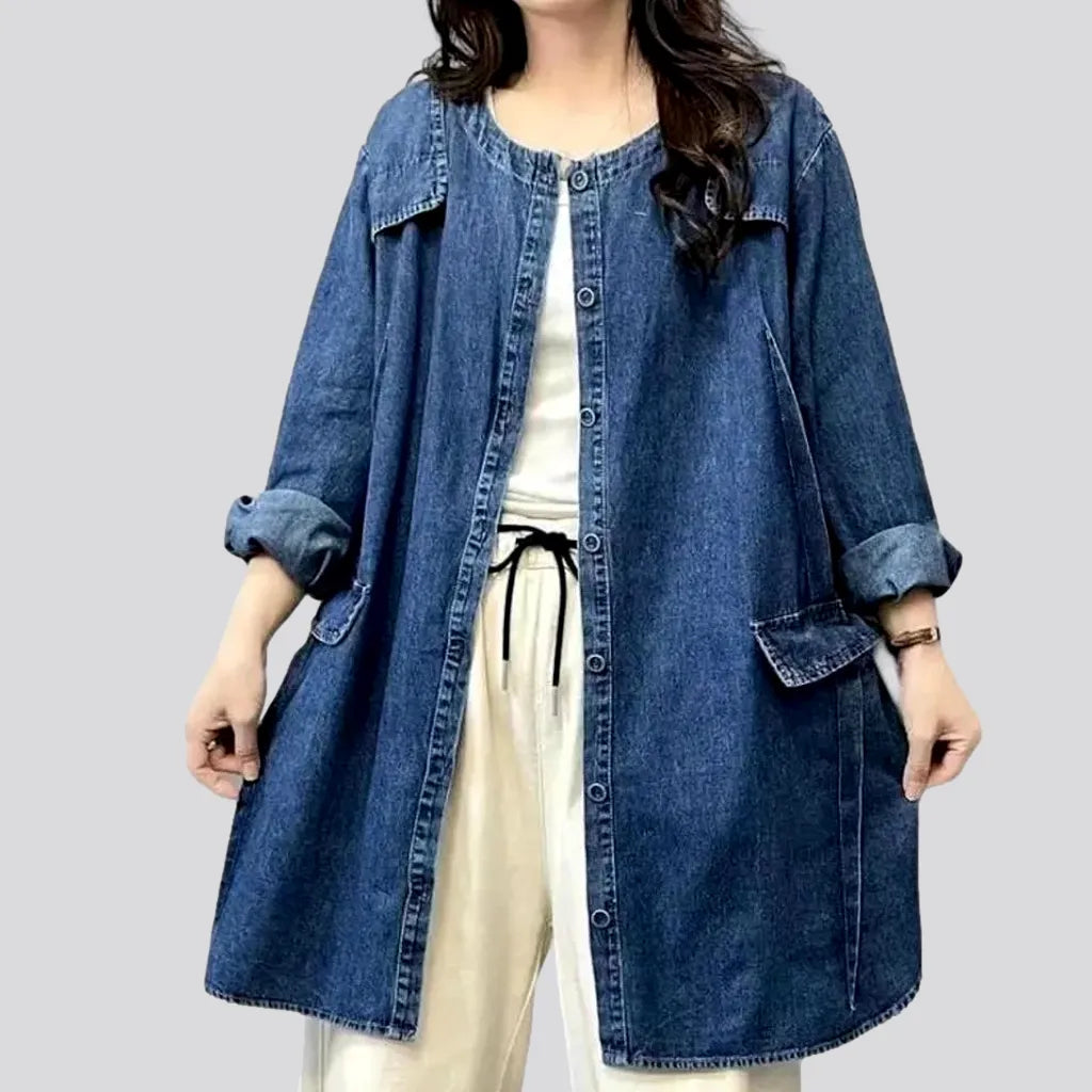 Women’s casual parkas for weekend wear -Round-collar chore denim jacket for ladies