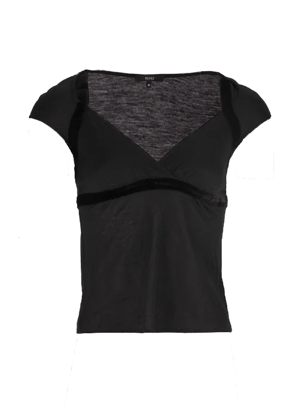 Women’s relaxed fit tops for comfortable wear -velvet-detail v-neck top