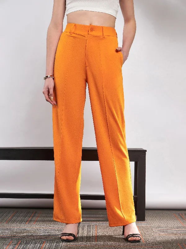 Women’s plaid trousers for preppy fashion -Women Orange Front Darted Knitted Straight Pants