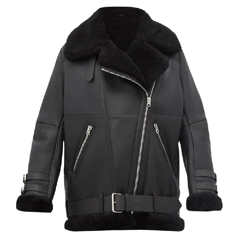 Women’s checkered jackets for trendy style -B3 Bomber Shearling Pitch Black Leather Jacket Women