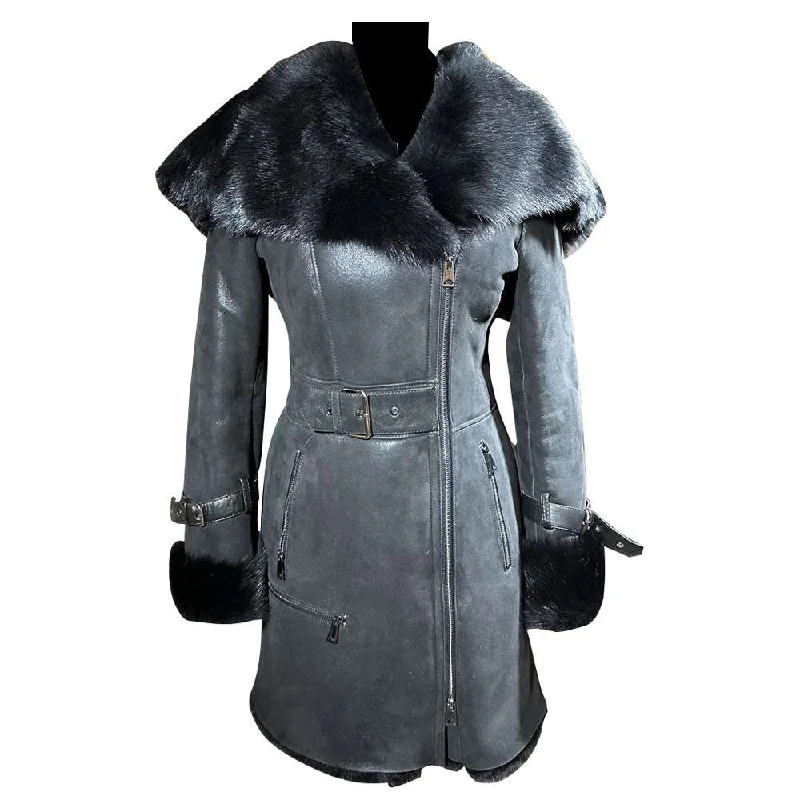 Women’s puffed vests for outdoor activities -Women's Gray Genuine Leather Shearling Coat