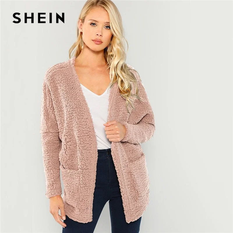 Women’s car coats for classic silhouette -SHEIN Pink Patch Pocket Open-Front Teddy Coat Plain Long Sleeve Outerwear 2018 Modern Lady Winter Faux Fur Coat Women Coats