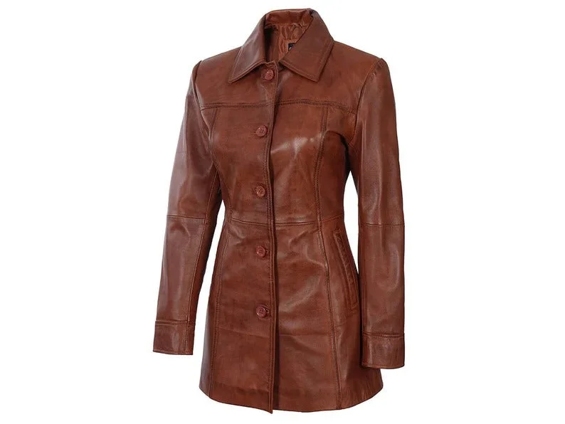 Women’s wrap coats for easy fit -Women's Italian Style Long-Leather Coat Brown/Black