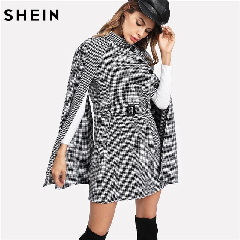 Women’s denim jackets for casual outfits -SHEIN Vintage Long Coat Women Black and White Fall Coat Cloak Sleeve Stand Collar Self Belted Houndstooth Cape Coat