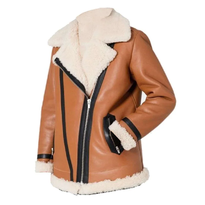 Women’s checked blazers for preppy chic -Women's Tan Biker Shearling Coat