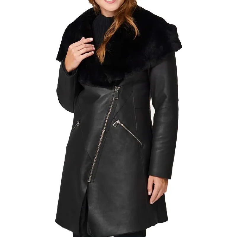 Women’s sporty jackets for active lifestyle -Diagonal Zipper Women Black Shearling Leather Coat