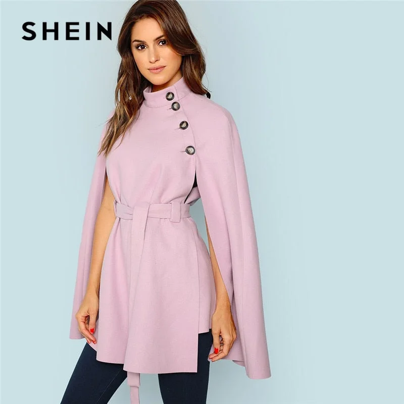 Women’s military jackets for rugged charm -SHEIN Vintage Workwear Office Lady 2018 Women Outwear Streetwear Purple Button Front Self Belted Knot Cloak Sleeve Cape Coat