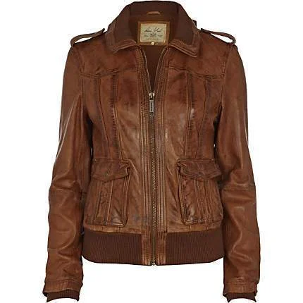 Women’s puffer vests for winter layering -Super Brown Women Bomber Leather Jackets