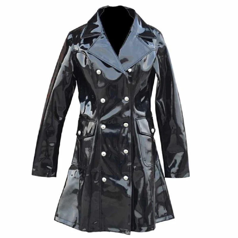 Women’s plaid jackets for preppy style -Women Military Fashion Double Breast Vinyl PVC Coat