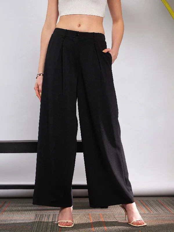 Women’s summer pants for light and airy wear -Women Black Front Pleated Loose Fit Korean Pants