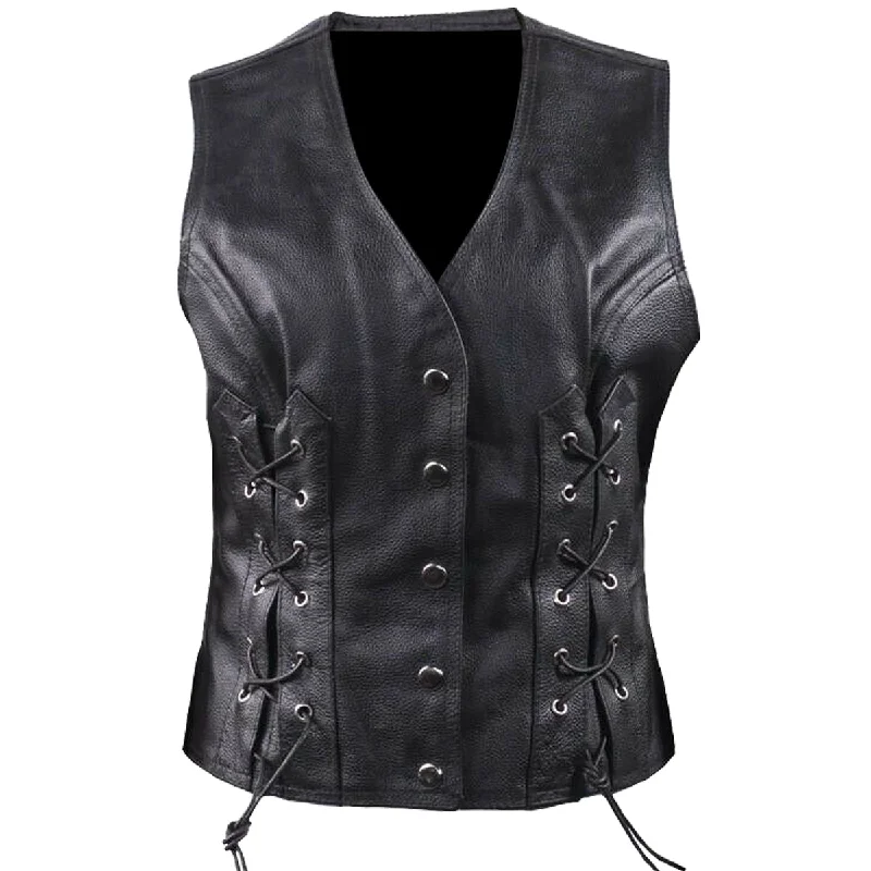 Women’s ribbed jackets for textured style -Women Side Laces Biker Leather Waistcoat