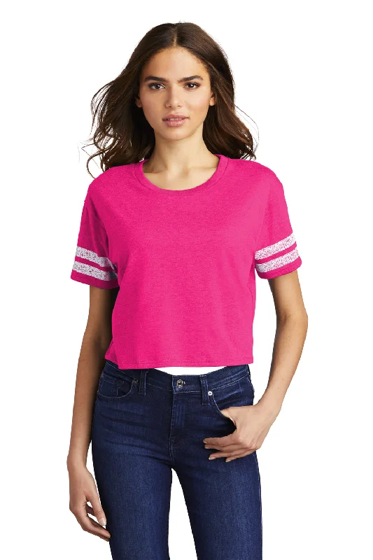 Women’s halter tops for vacation style -District Womens Scorecard Crop Short Sleeve Crewneck T-Shirt - Heather Dark Fuchsia Pink/White - Closeout