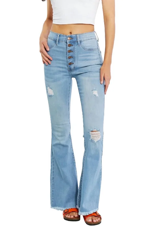 Women’s denim pants for everyday wear -Full Size Jess Button Flare Jeans In Light