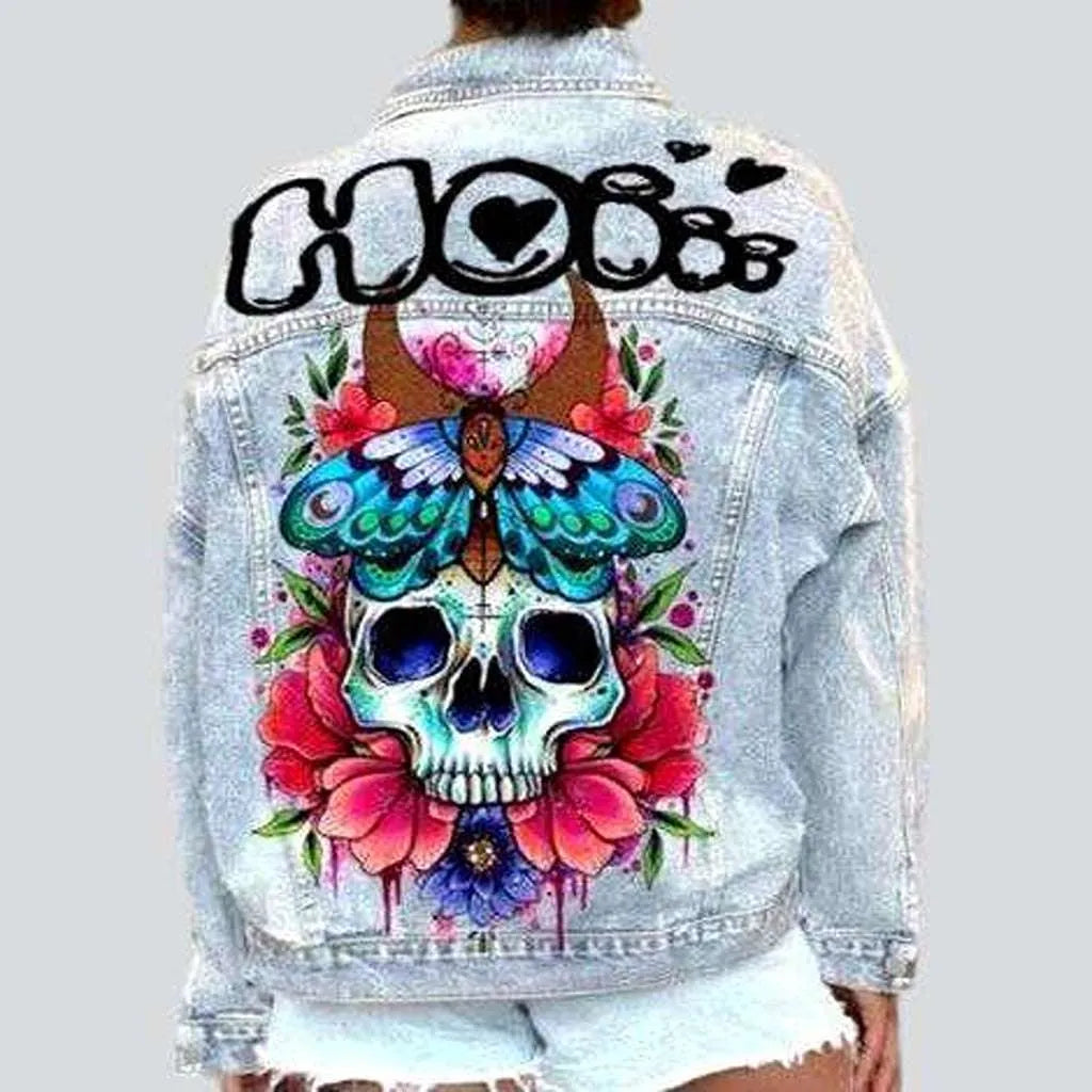 Women’s kimono-style coats for relaxed vibe -Skull print women's denim jacket