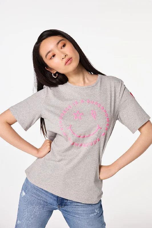 Women’s corduroy tops for fall and winter fashion -Grey Marl Smiley Face T-Shirt