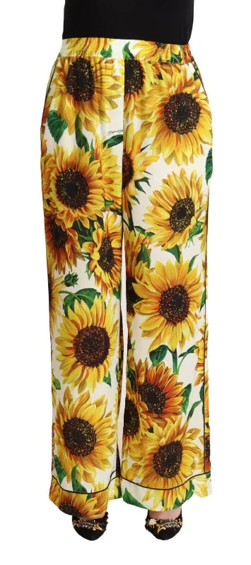 Women’s palazzo pants for flowy elegance -Dolce & Gabbana Elegant Sunflower Wide Leg Women's Pants